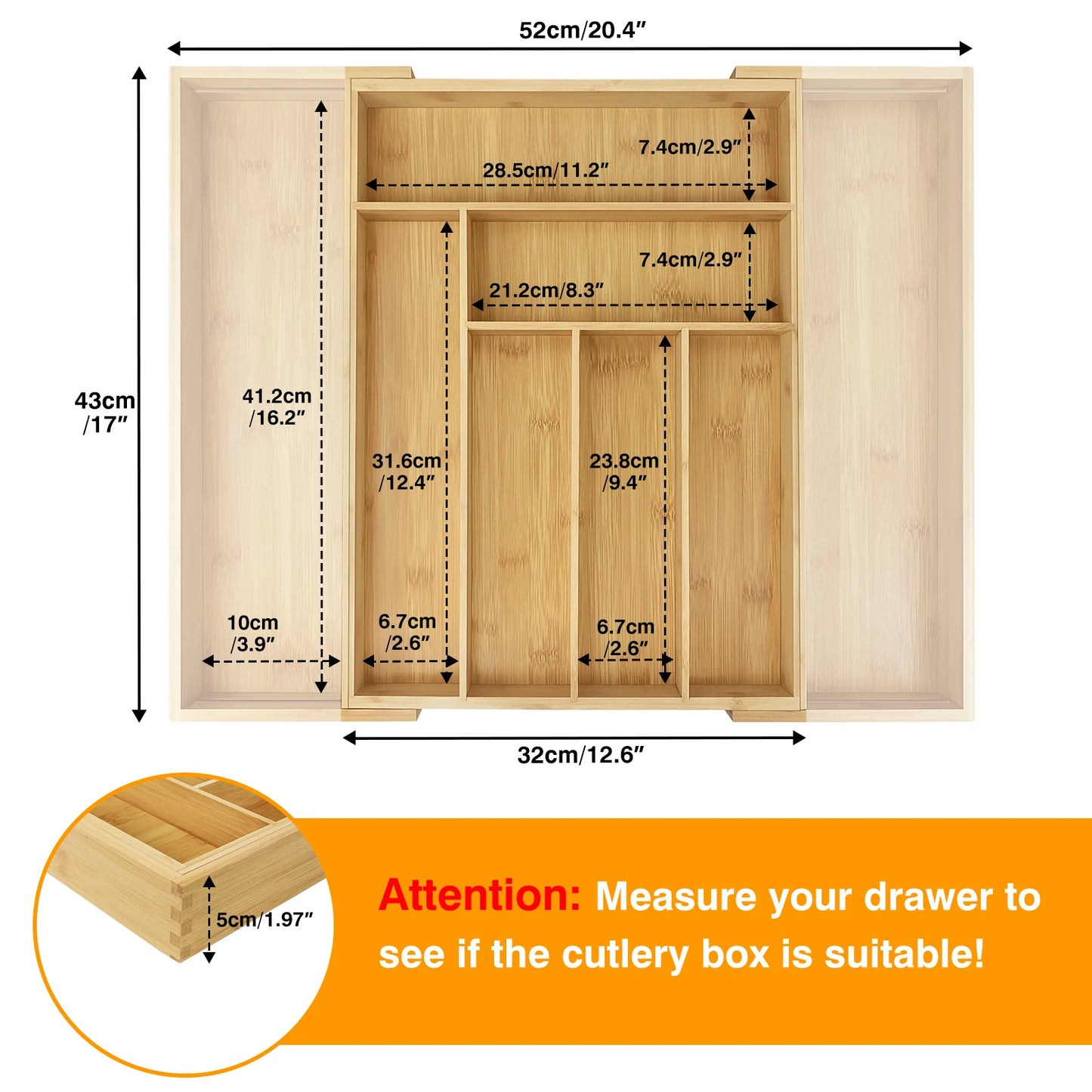 Wooden Bamboo Cutlery Tray,Kitchen Drawer Insert Large 6-8 Compartments, Utensil Holder Rack Organizer,for Home Office