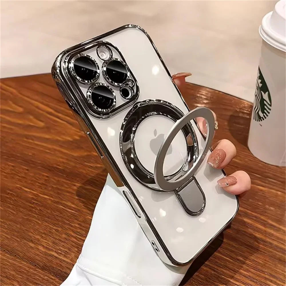 Luxury For Magsafe Bracket Case For iPhone 17 Air 16 Pro 15 14 13 12 11 Pro Max Magnetic Ring Stand Holder Clear Soft Cover