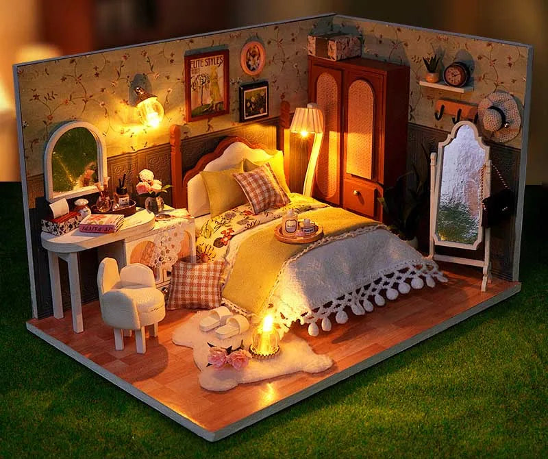 DIY Doll House Wooden Miniature Kit with Furniture Set Handmade Model Assembly Toy Case for Birthday Gifts