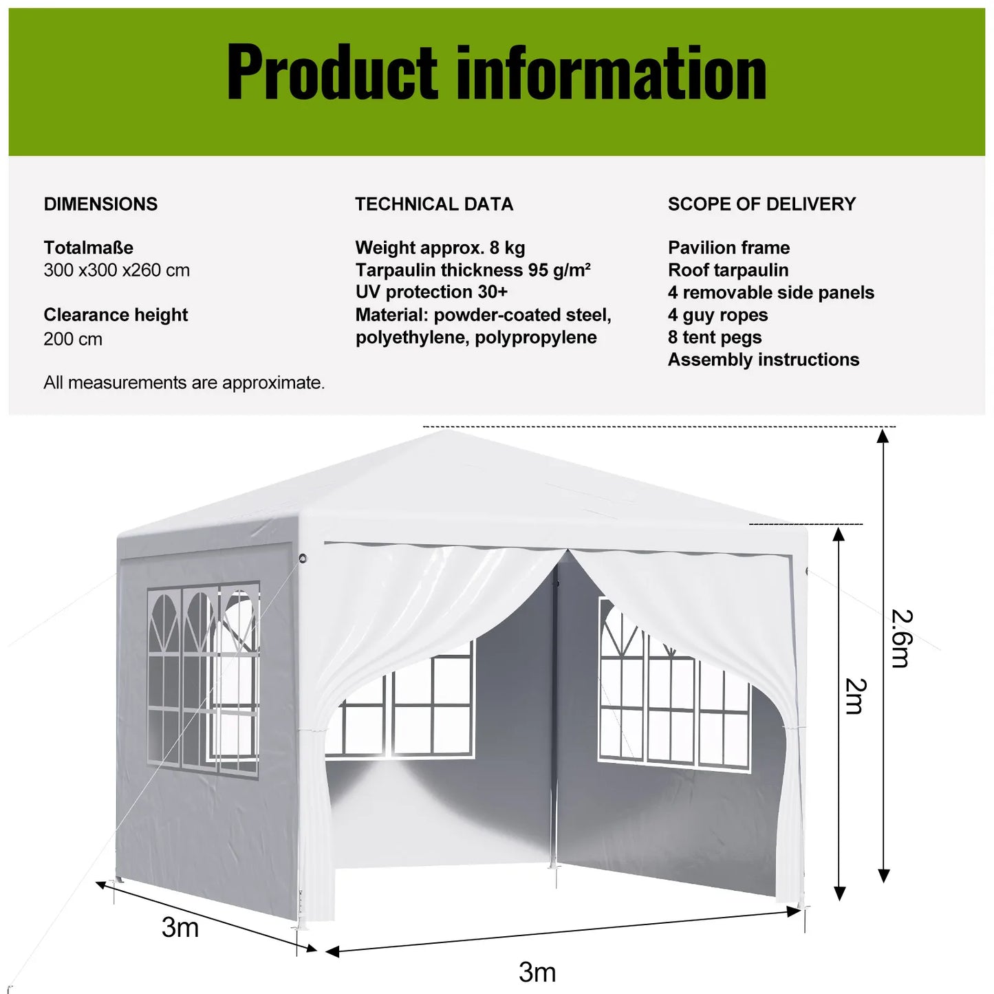 LOEFME 3x4M Enclosed Canopy Tent UV Protection Garden Gazebo Party Tent with Window Panels Zipper Door for Wedding Outdoor