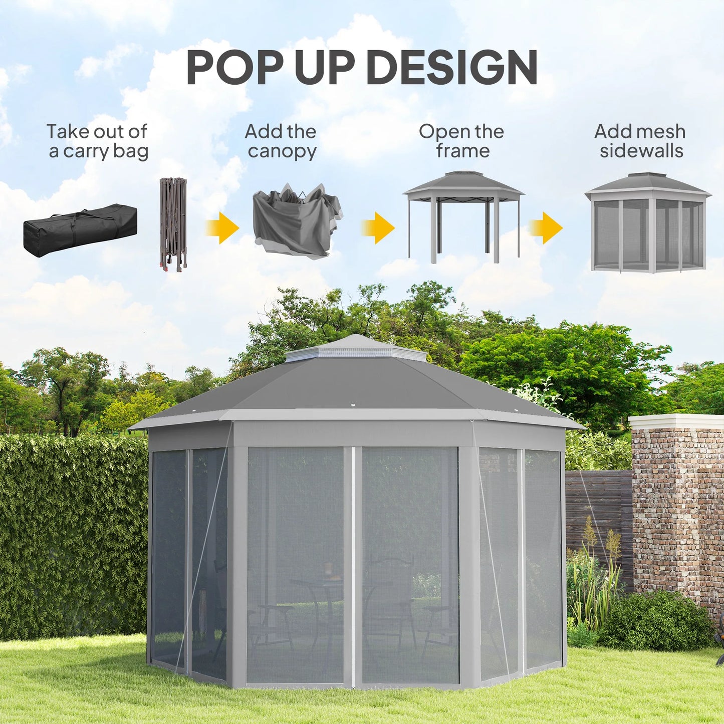 Outsunny 3 x 4m Garden Gazebo Hexagon Pop Up Party Tent Canopy Double Roof Instant Shelter with Netting and Carry Bag，Dark Grey