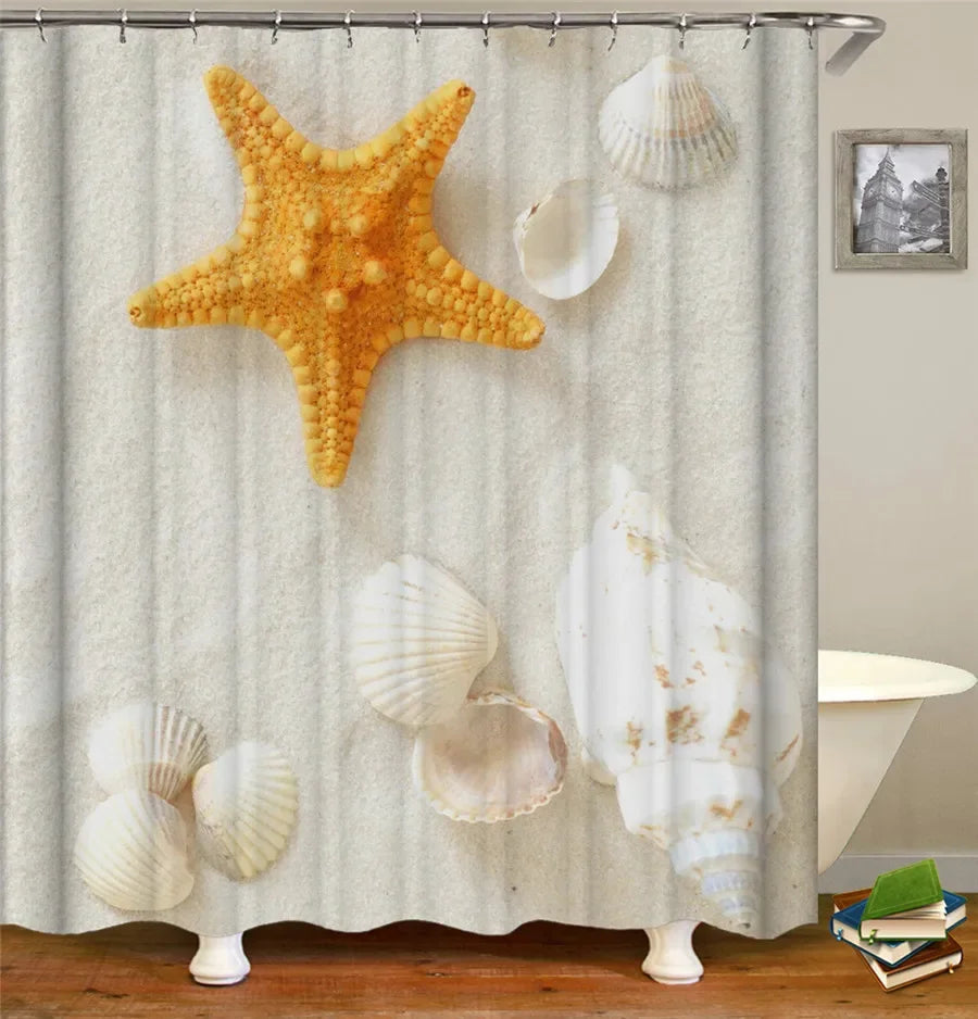 Bath Curtain Sea Beach Shell Starfish Shower Curtains 180*180cm Waterproof Bathroom Home Washable Fabric Bath Screen 12 Hooks
