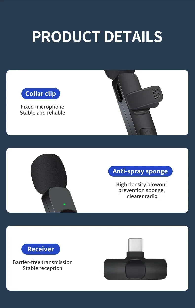 Wireless Lavalier Microphone 2.4G Mini Portable Audio Video Recording Mic for iPhone Android Live Broadcast Gaming