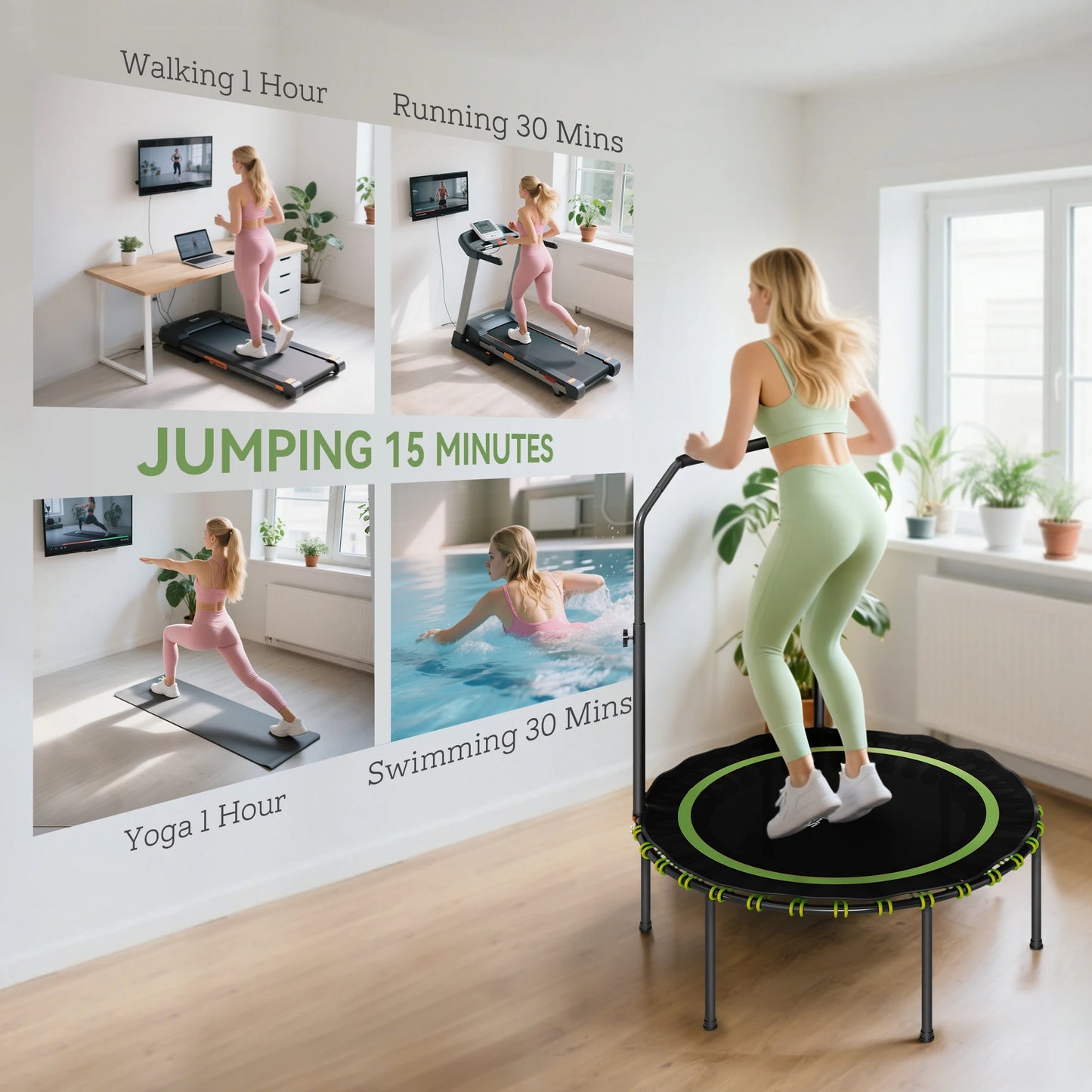 SPORTNOW 40'' Foldable Fitness Trampoline, Mini Trampoline Bungee Rebounder with 5-Level Adjustable Handle for Adults Indoor Out