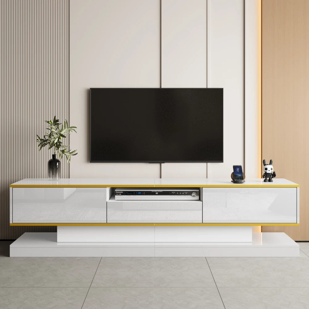 PINGGO Modern TV Cabinet with Three Drawers and an Open Compartment - High Gloss with Color-Changing LED Lights, 180*38*45cm