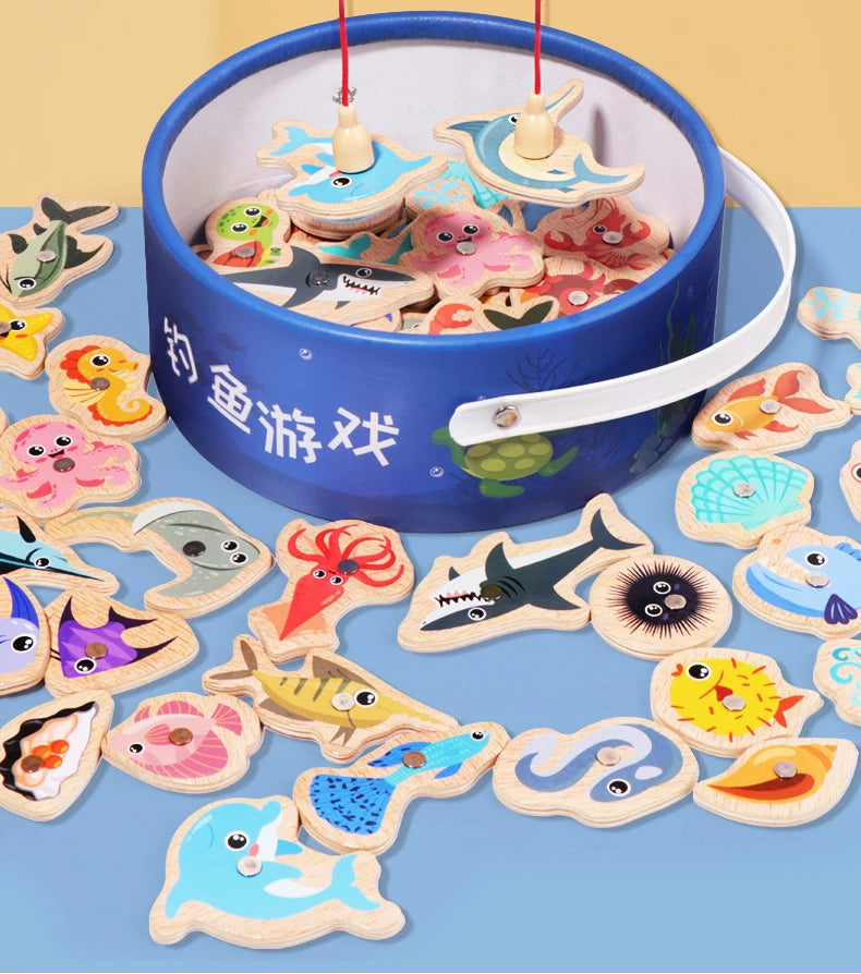 Wooden Magnetic Fishing Toys for Children Marine Life Cognition Fish Games Baby Early Educational Parent-child Interactive Toy