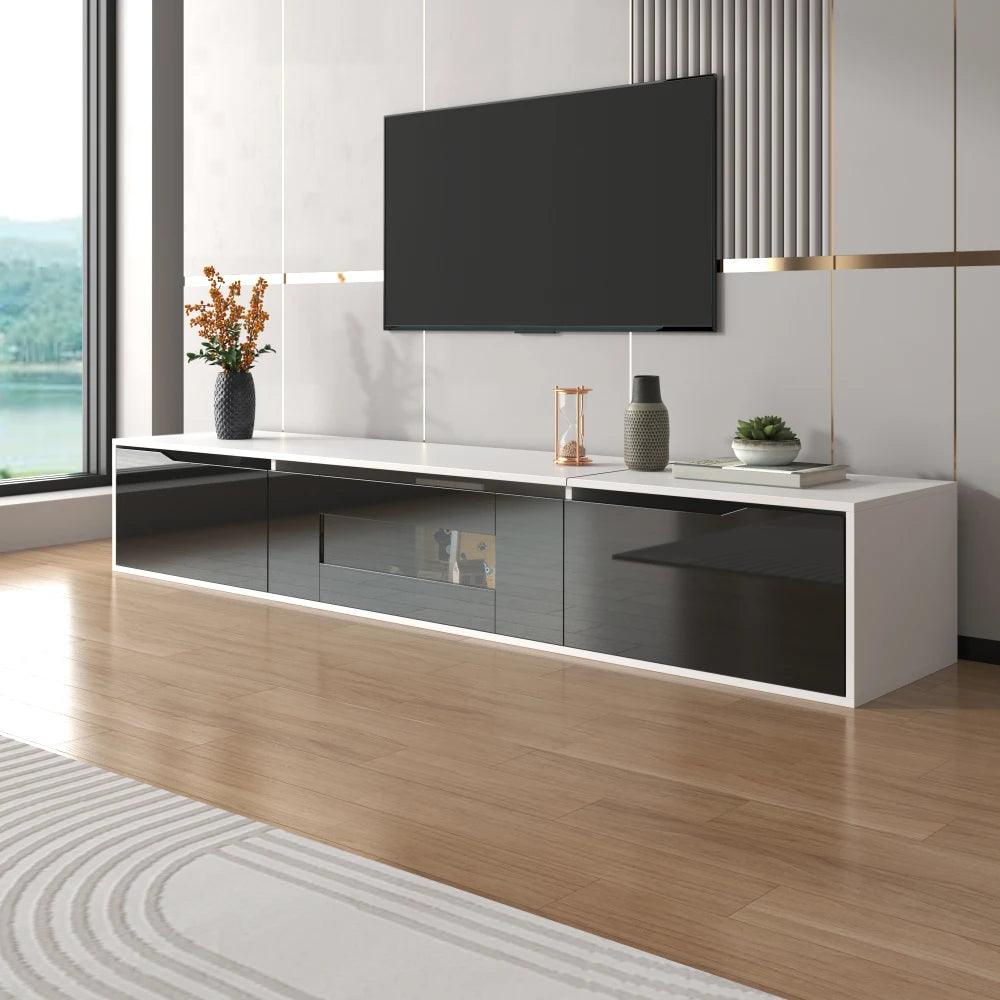 PINGGO TV cabinet, high-gloss TV cabinet, matching colours in white and high-gloss black, with colour-changing LED lights