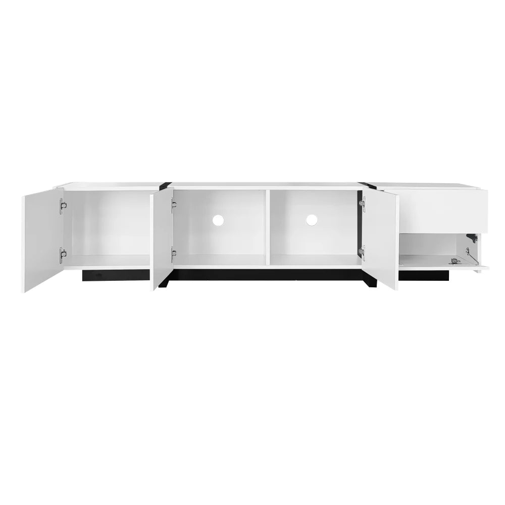 PINGGO TV cabinet, white high-gloss cabinet and black contrasting table legs, with simple cabinet doors and drawers.