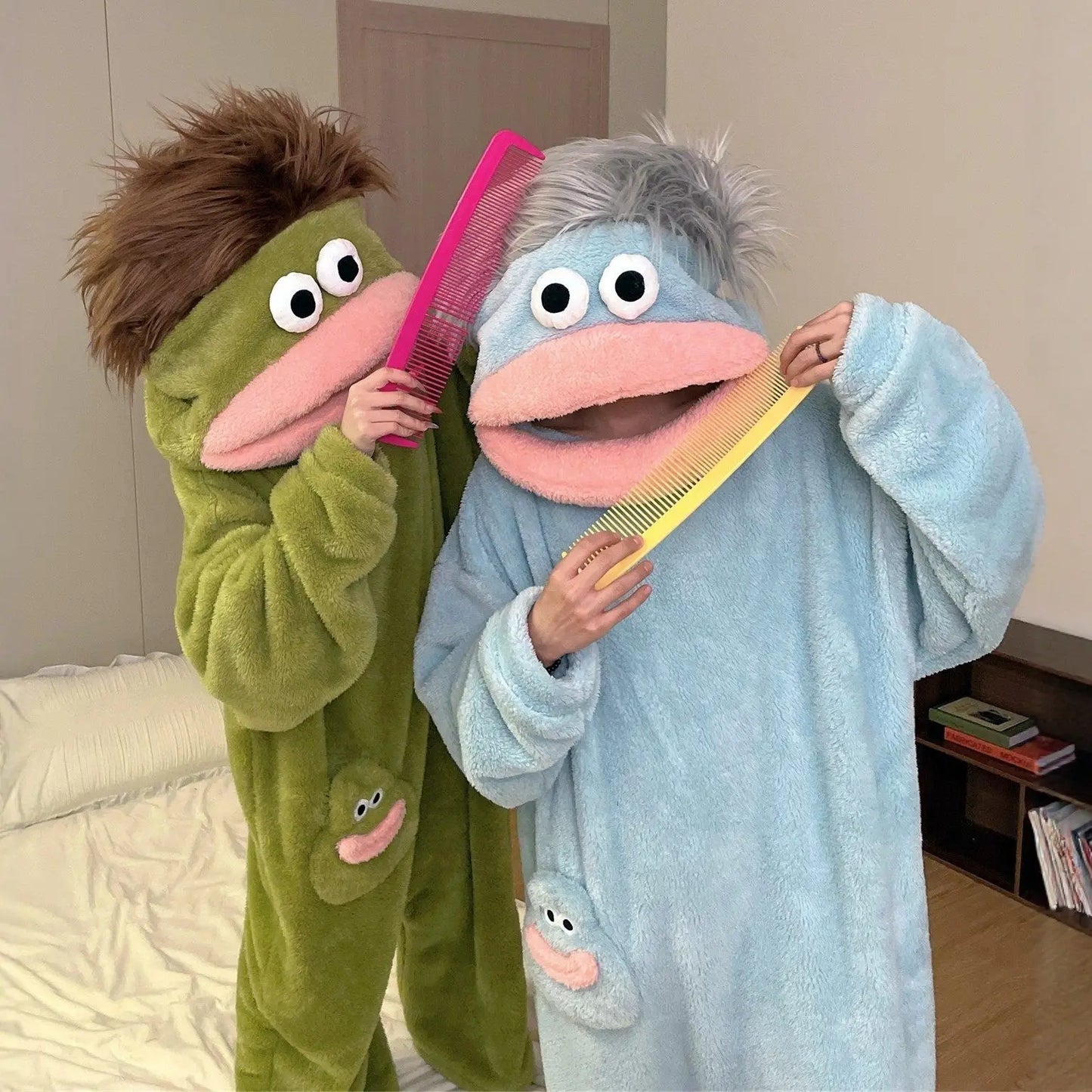 Cartoon Pajamas Autumn Winter Couple Set Wacky Bodysuit Have Hair Big Mouth Monster Hooded Homewear Girl Cute Keep Warm Pajamas