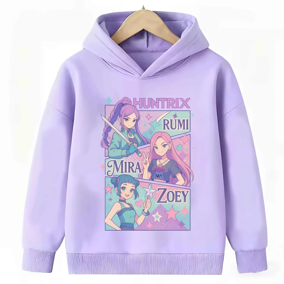 2026 New Kpop Demon Hunter Cartoon Hoodie Kids Boys Girls Purple Warm Casual Loose Sweatshirt Children Fashion Streetwear Tops