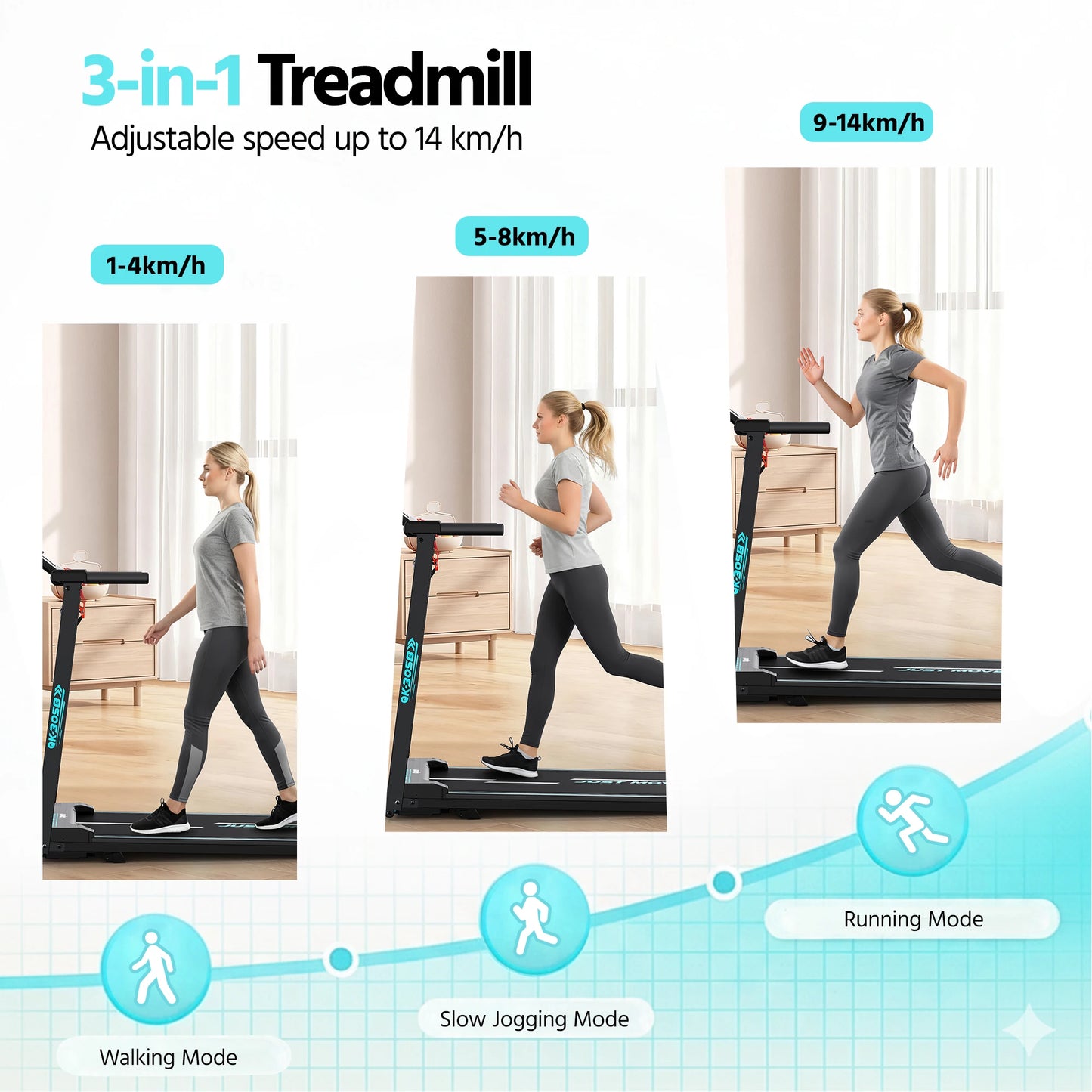 3-in-1 Folding Treadmill Walking Pad, 3.0 HP Quiet Motor, 9% Adjustable Incline, Max 14km/h, LCD Monitor & Safety Warn