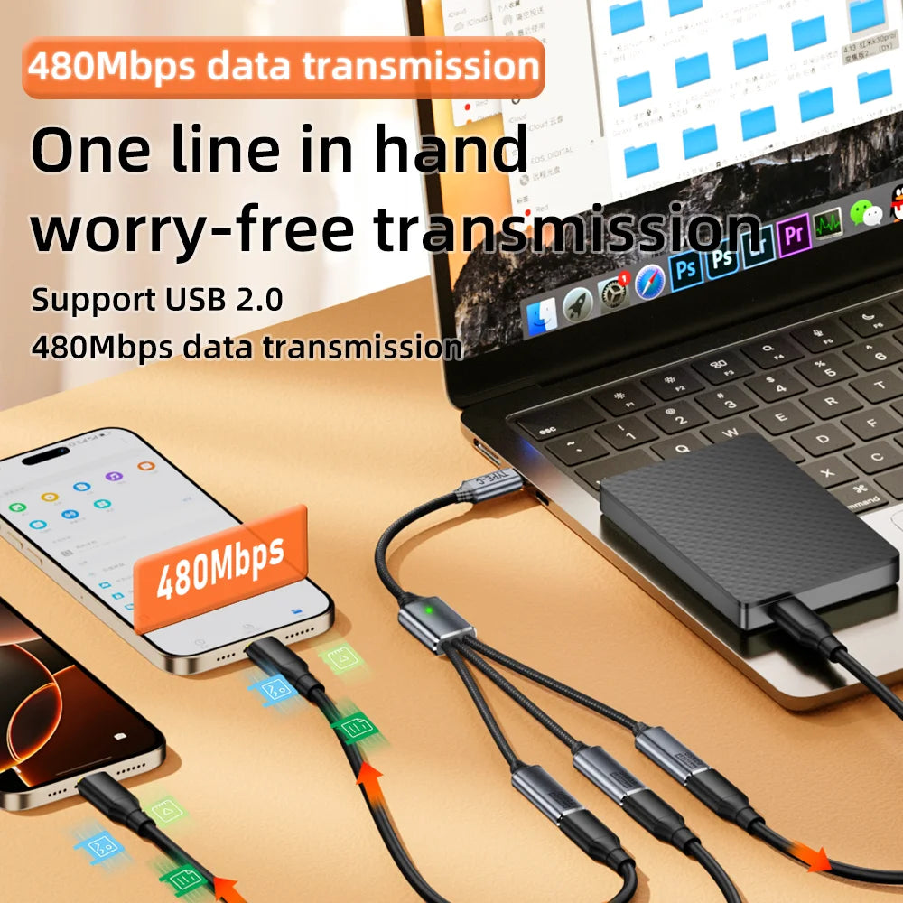 3 in 1 USB A & Type C Splitter HUB Expansion Cable Multi Port Expander OTG Adapter Fast Charging Data Sync for Phone Tablet