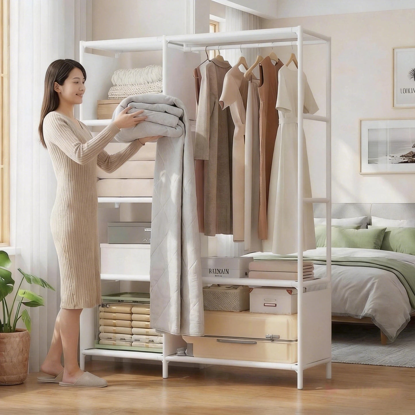 Multi-functional Storage Rack Simple Clothes Organizer Shelf Multi-layer Coat Quilt Storage Shelf Bedroom Space Saving Wardrobe