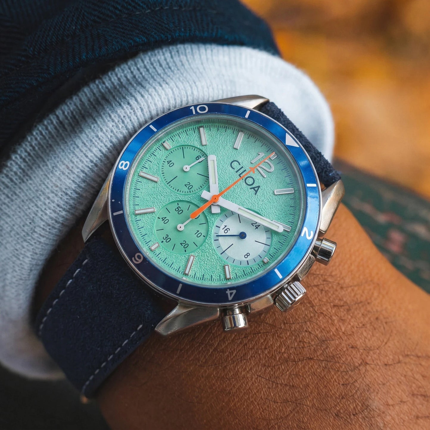 CILOA Men's Chronograph Watch Mint Green Dial with Blue Bezel Blue Suede Leather Strap Sport Casual Quartz Wristwatch