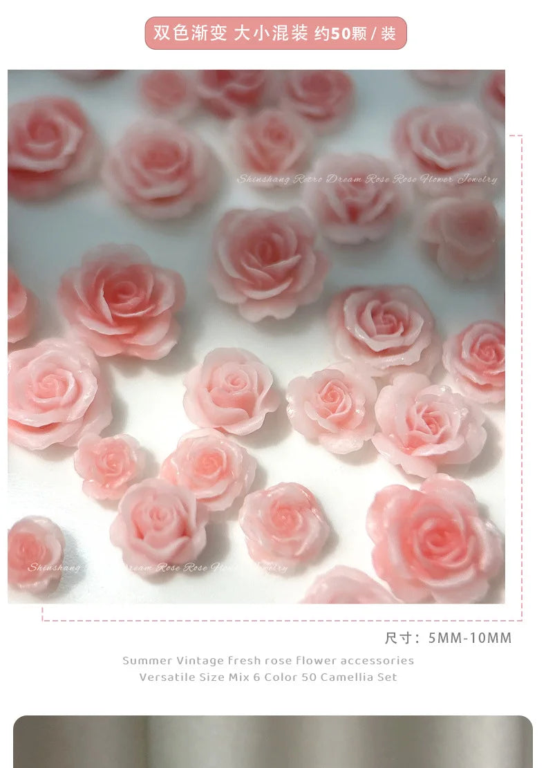 50PCS 3D Mix Sizes Beautiful Blossoming Rose Flowers Resin Adhesive Nail Art Rhinestones Decorations Manicure Kawaii Charms