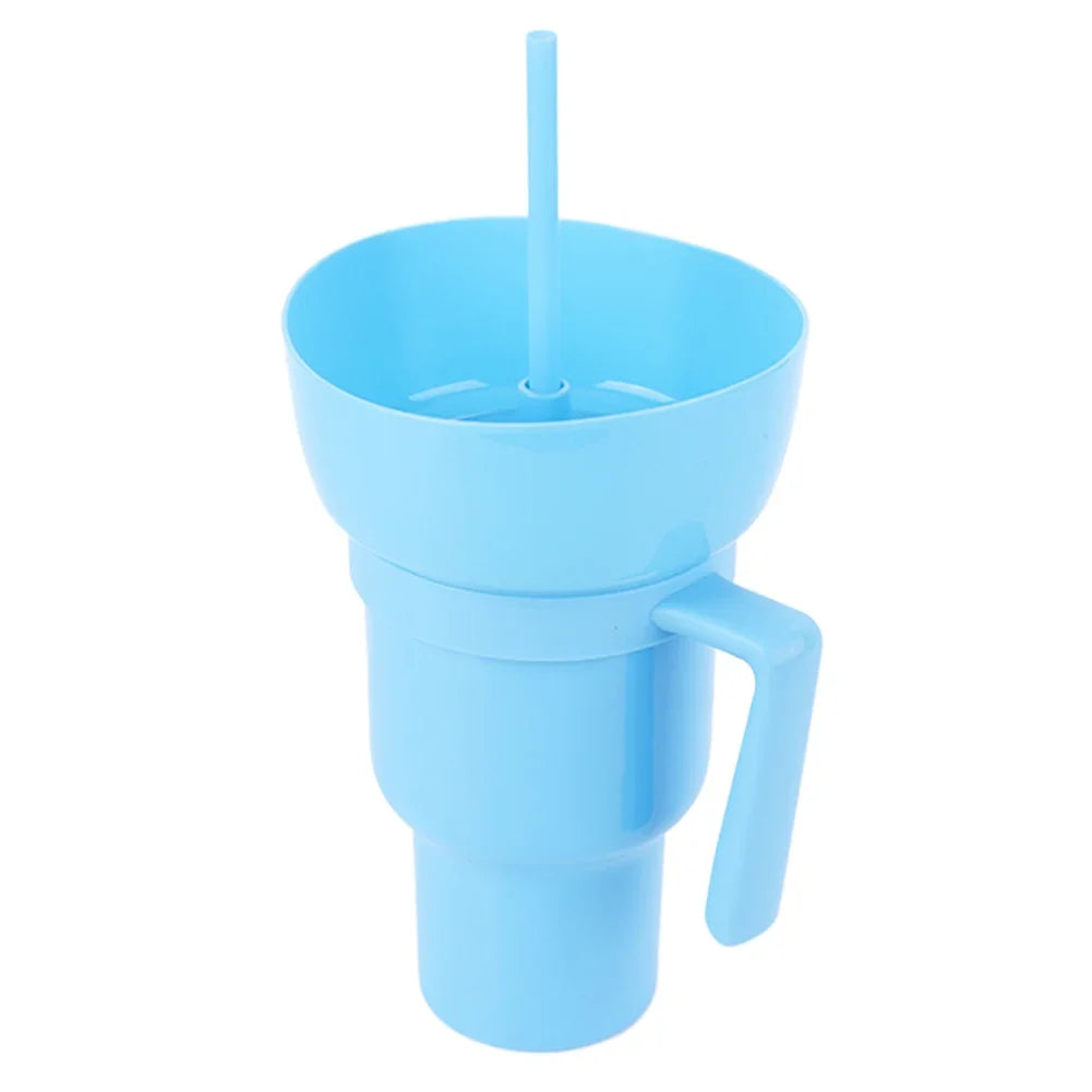 1000ml Portable Snack Container Multifunction Stadium Tumbler Popcorn Beverage Cup with Straw & Handle for Cinema Home Travel