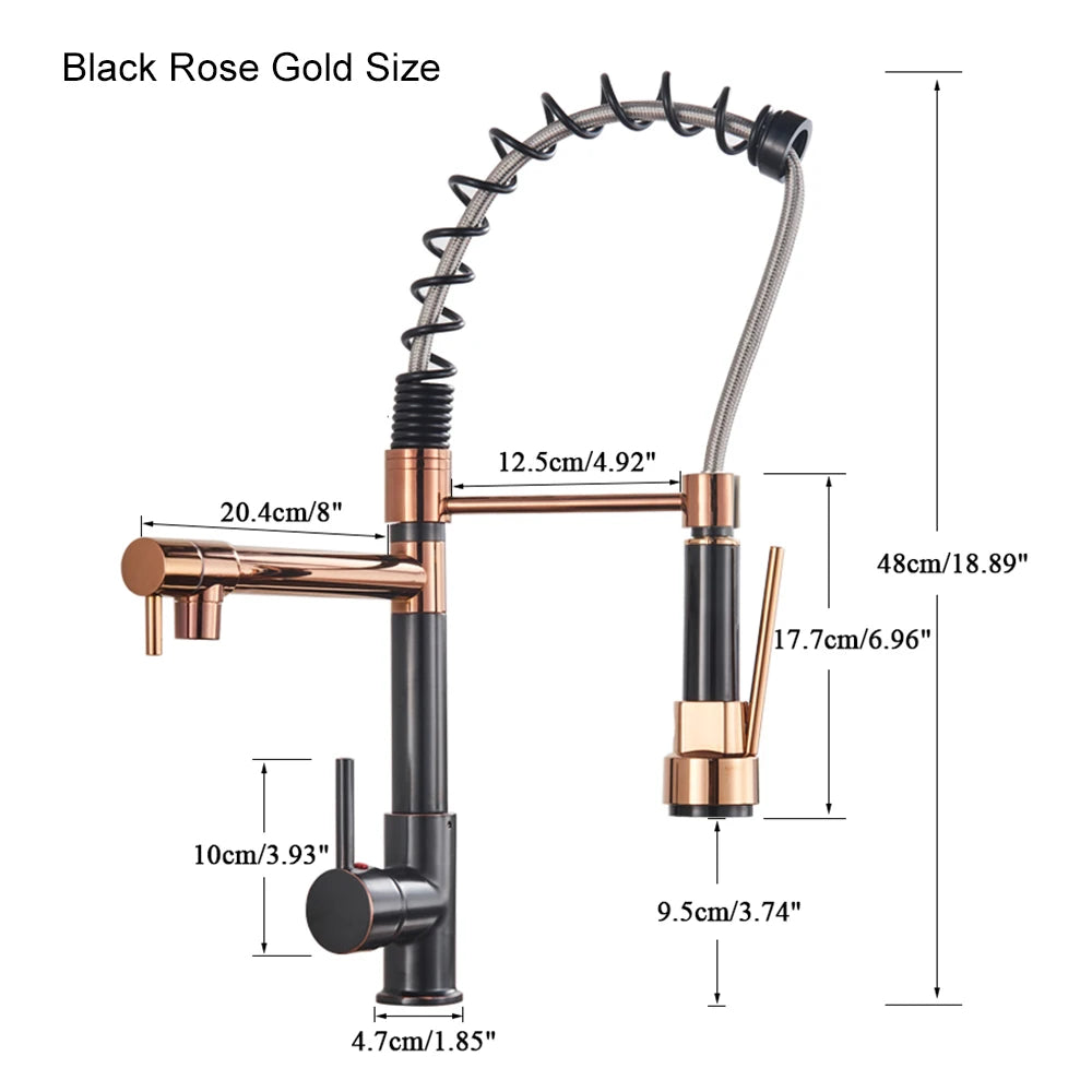 Black Pull Down Brass Kitchen Sink Faucet Hot Cold Water Mixer Crane Tap with Dual Spout 360 Rotation High Faucet Deck Mounted