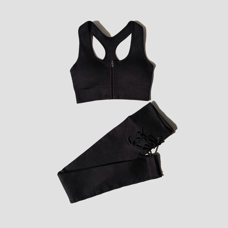 Seamless Women Yoga Set Workout Sportswear Gym Clothing Zipper Long Sleeve High Waist Leggings Fitness Bra Athletic Sports Suits