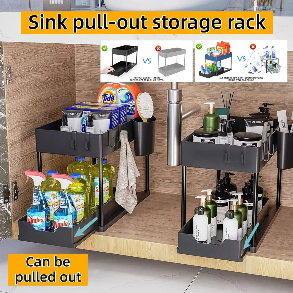 2-Tier Pull Out Under Sink Organizer, Storage Rack with Hooks & Cups, Space Saving Slide-Out Shelf for Kitchen Bathroom Cabinet