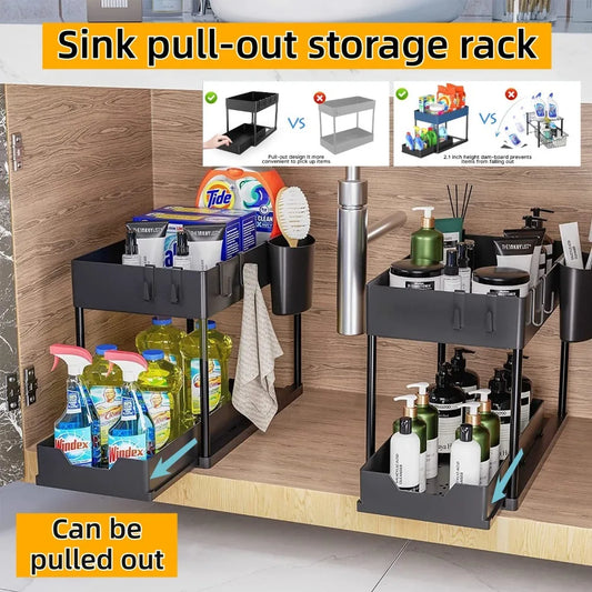 2-Tier Pull Out Under Sink Organizer, Storage Rack with Hooks & Cups, Space Saving Slide-Out Shelf for Kitchen Bathroom Cabinet