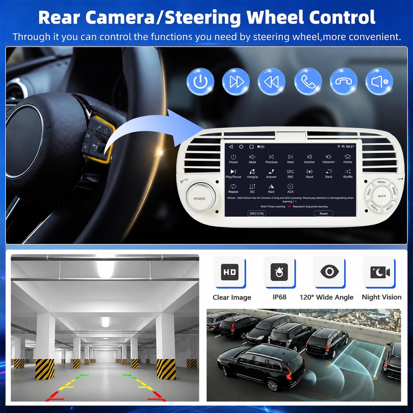 ESSGOO 7" 4+64G Android 15 For Fiat 500 2007-2015 Car Stereo Radio Wireless Carplay Android Auto GPS Navigation Bluetooth FM SWC Wifi RDS ASP IPS Touchscreen Mirror Link Multimedia Video Player