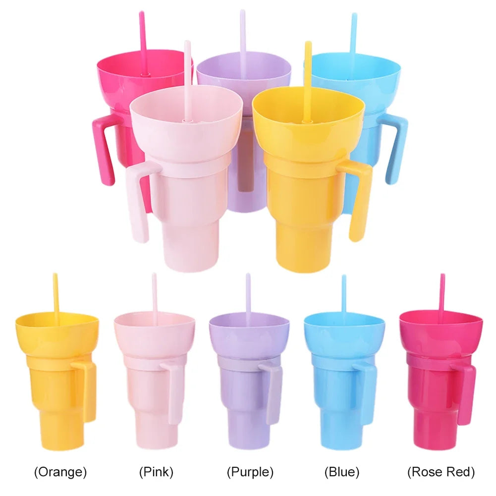 1000ml Portable Snack Container Multifunction Stadium Tumbler Popcorn Beverage Cup with Straw & Handle for Cinema Home Travel