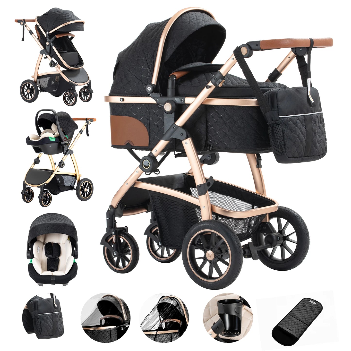 3 in 1 Prams Travel System, Pushchair with Height Adjustable Handle, Travel Pram with Mosquito Net, Baby Stroller with Aluminum