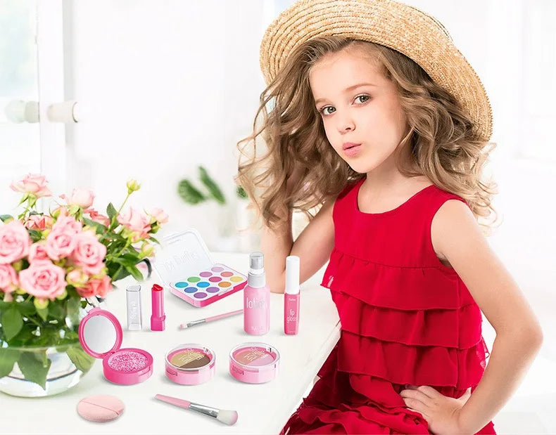 Girl’s pretend home make-up set: faux manicure, lip color, eye shadow, non-washable princess-themed cosmetics and toys.
