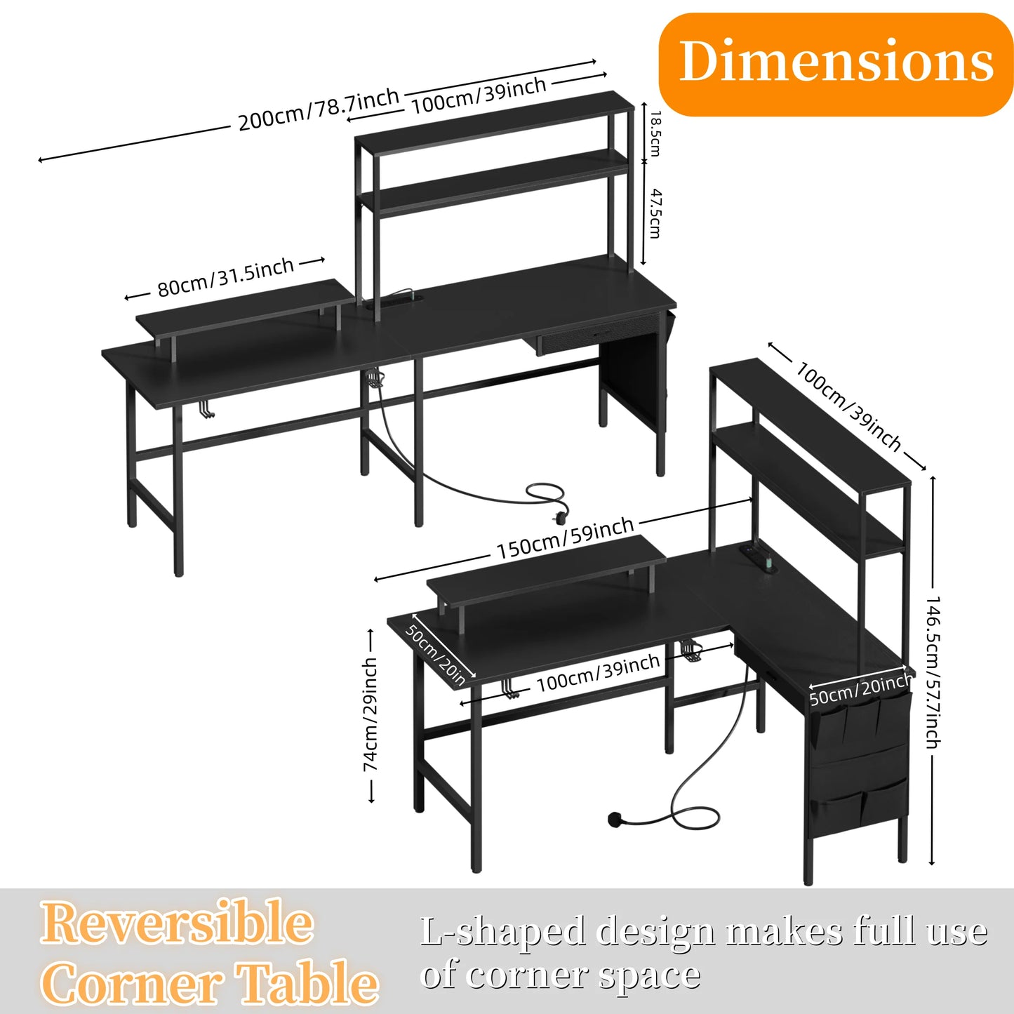 Reversible Computer Desk with LED Lights and Drawer, L Shaped Corner Gaming Desk with Storage Shelves & Bag, Desk Shelf for
