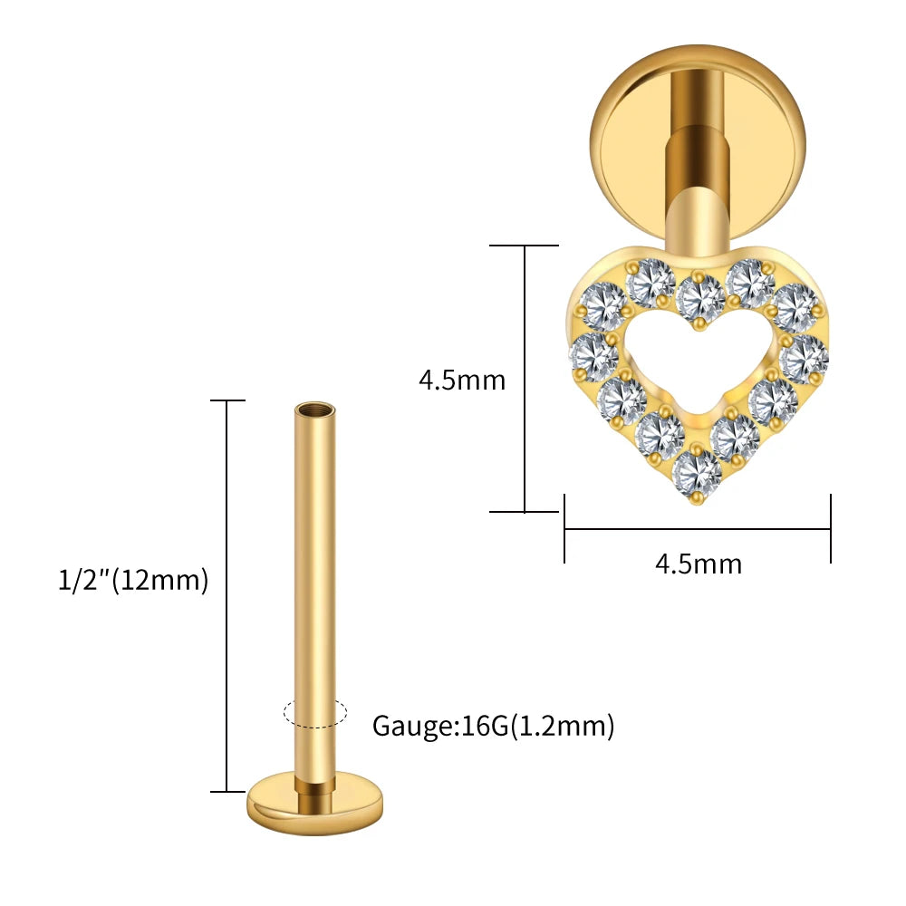 Right Grand ASTM F136 Titanium Mini Heart Cartilage Earring 16G Dainty Flat Back Labret Stud Tragus Helix Piercing Jewelry