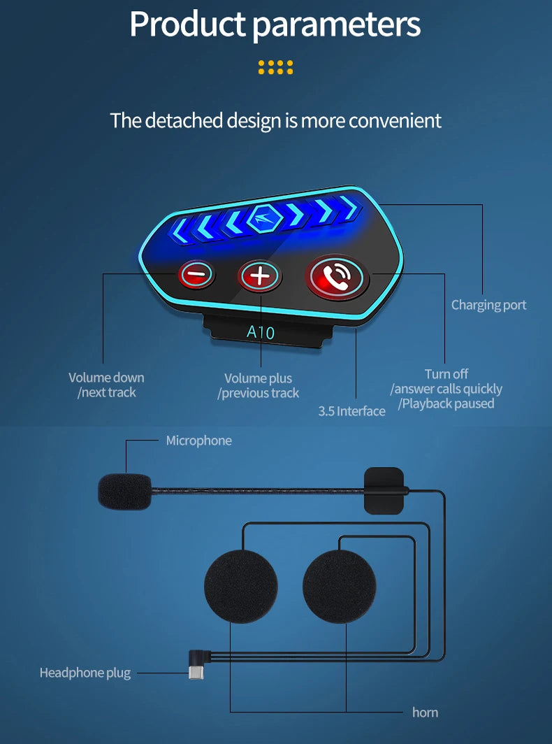 A10 Motorcycle Helmet Bluetooth Headset Wireless V5.0 Waterproof Handsfree Call Music Earphone 1000mAh Riders Moto GPS Headphone
