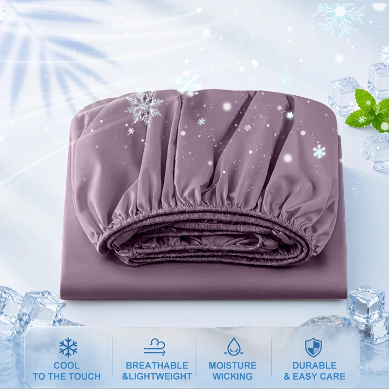 Summer Cooling Fitted Sheet Breathable Fabric With Elastic Band Solid Color Skin-friendly Fitted Sheet Cooling For Night Sleep