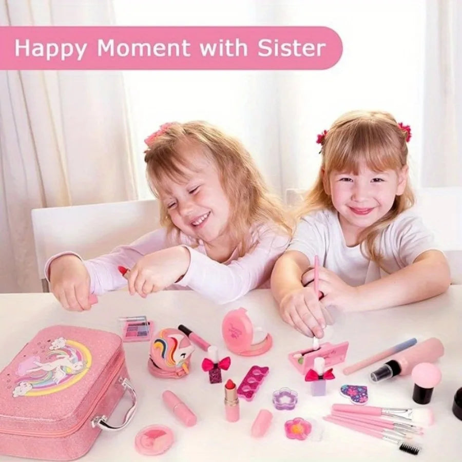 Girl Pink Unicorn Makeup Set with Box - Plastic Cosmetic Set, Non-Edible Toy Beauty Tools, Dress up Travel Bags, Birthday, Christmas, Halloween, Modern Style, Ideal Gift Boxed