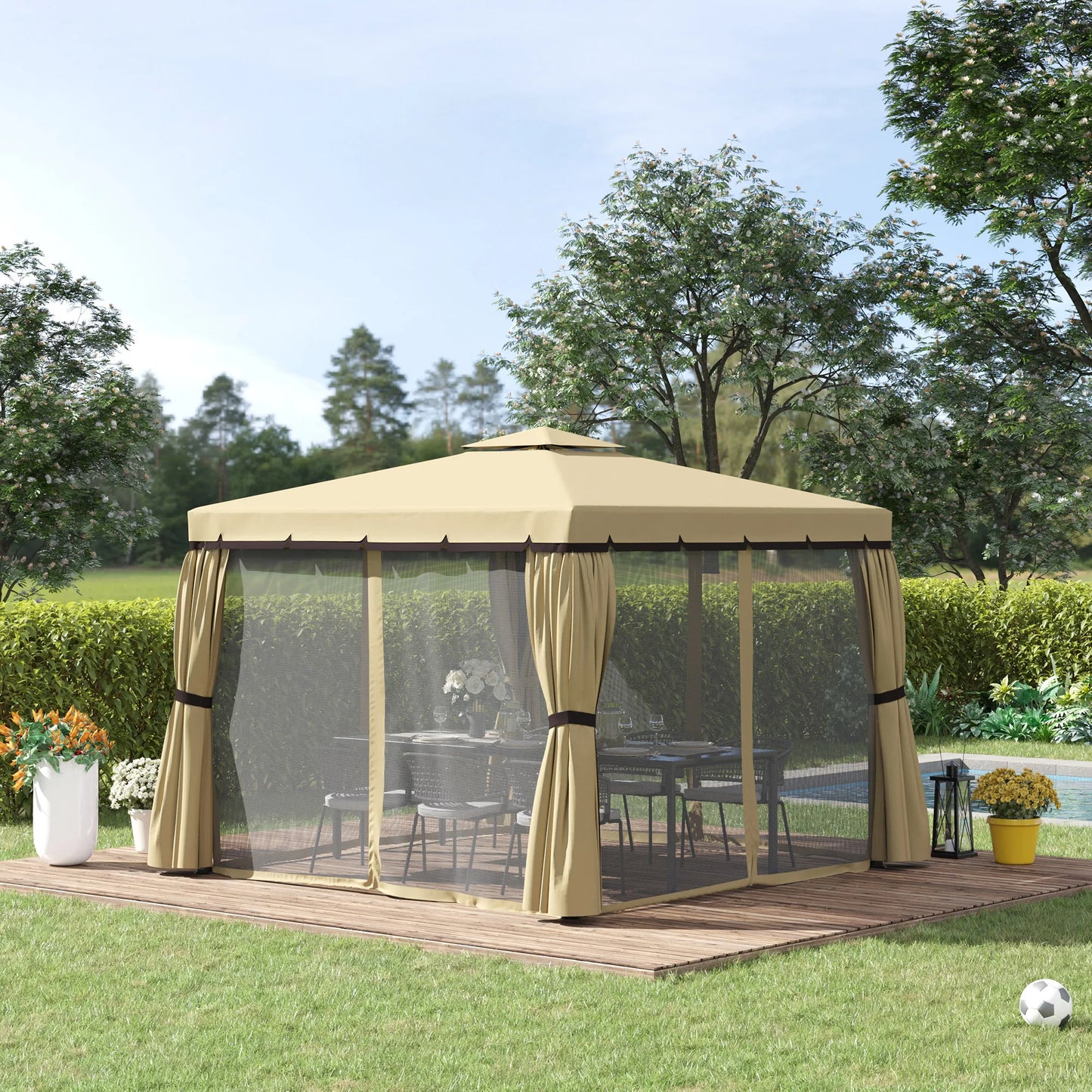 Outsunny 3 x 3(m) Patio Gazebo Canopy Garden Pavilion Tent Shelter with 2 Tier Water Repellent Roof, Mosquito Netting