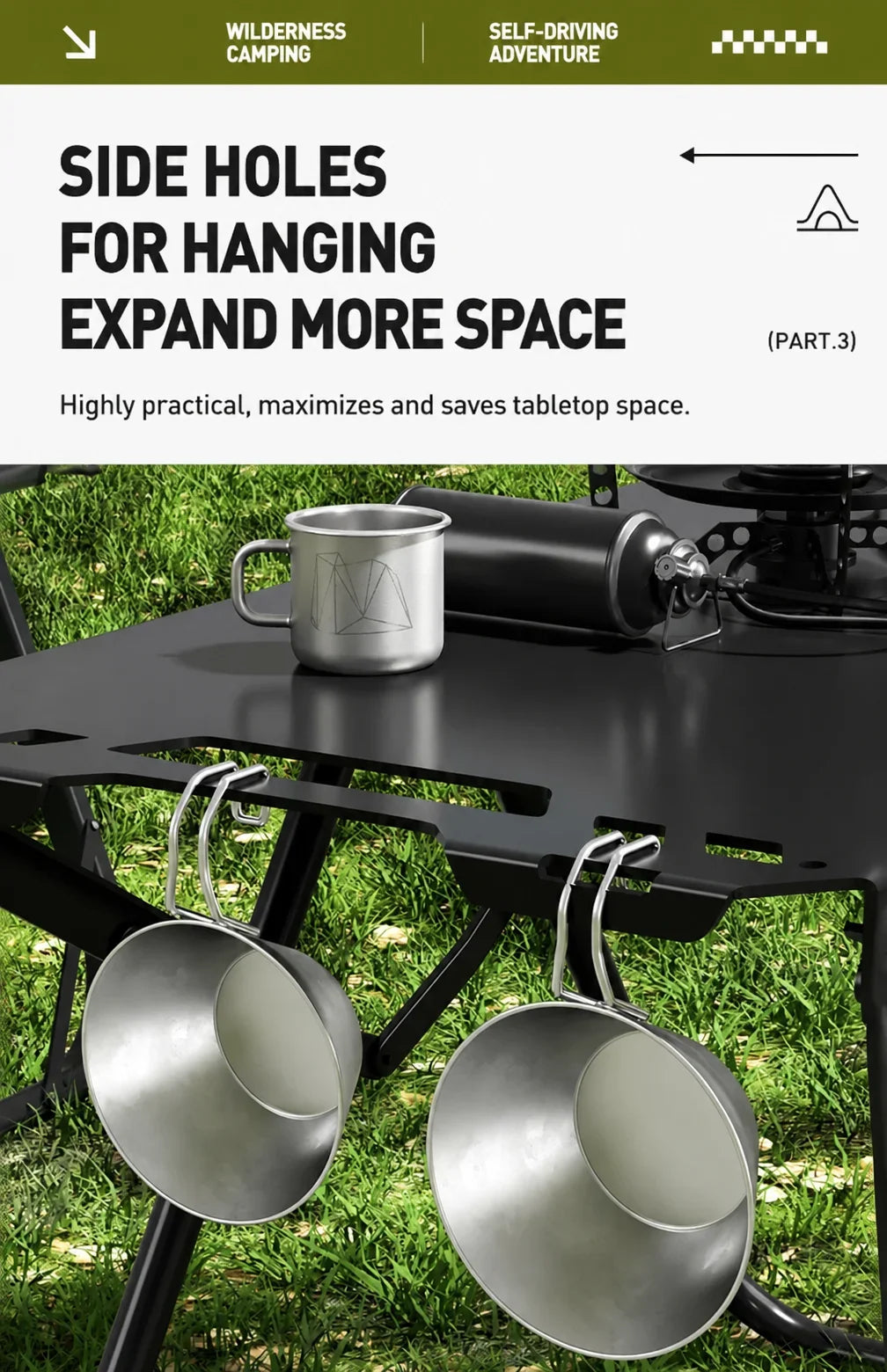 Green Portable Foldable Camping Table, Hollow Edge Hangable Design, Lightweight Durable Table for Picnic Beach Outdoor Travel