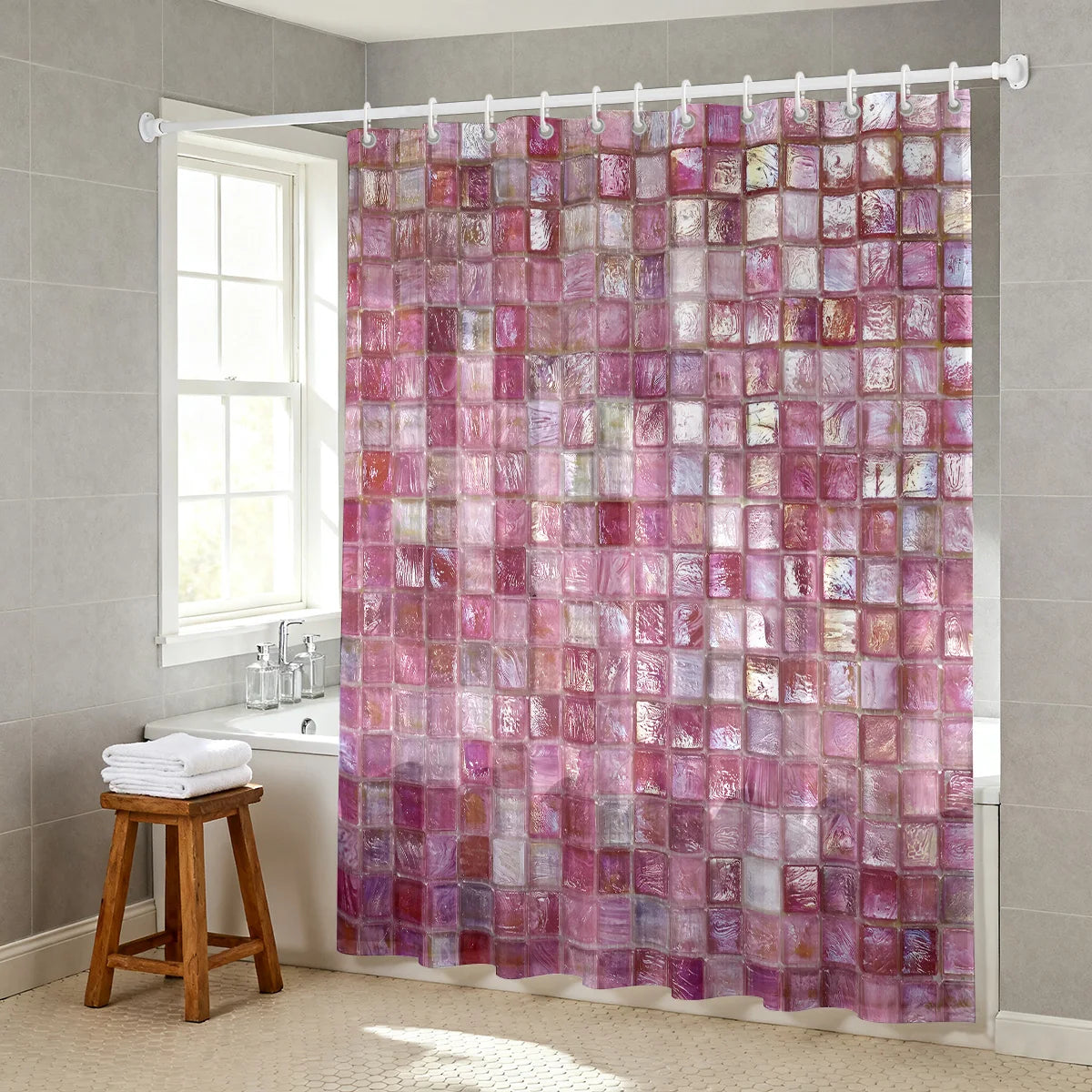 1pc pink ice block imitation simple printing waterproof partition privacy hanging curtain with 12 hooks, multiple sizes