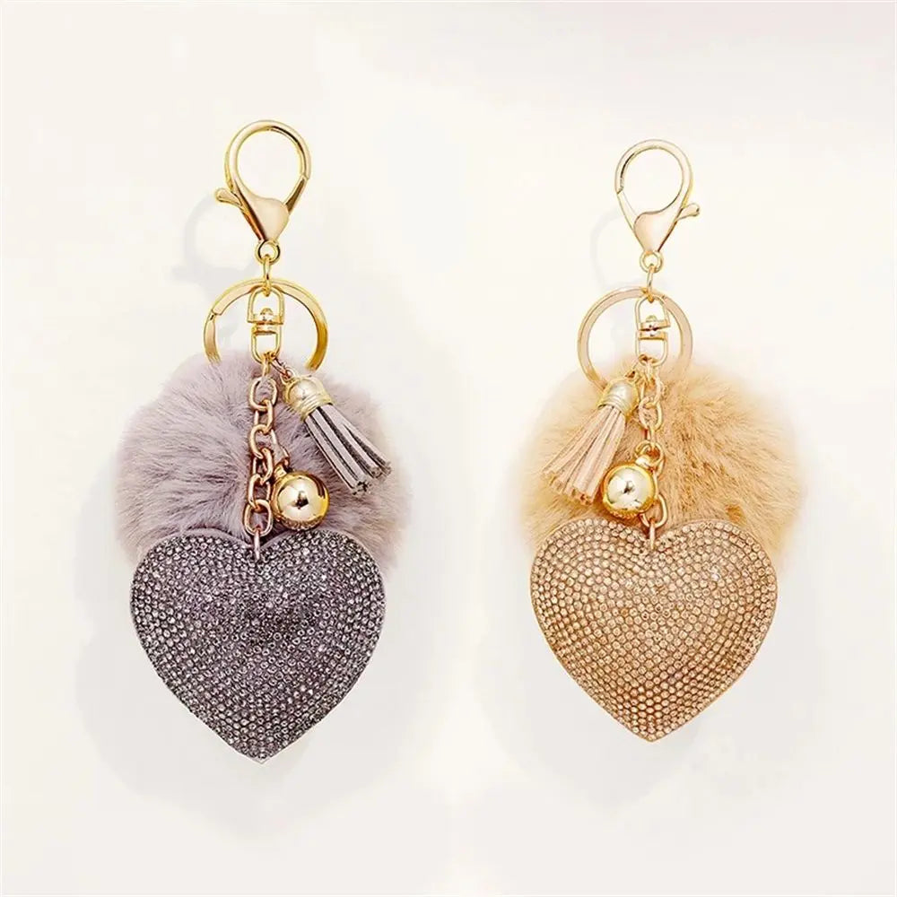 Fashion for Women's Bags Girls Ornaments Packaging Decoration Pompom Keychains Rhinestone Heart Bag Pendant Rhinestone Keyrings