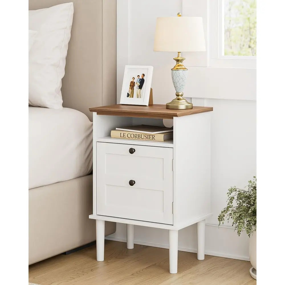 Bedside Cabinet with Door amp Open Top Shelf Side Table for Bedroom amp Living Room,Fits Small Space White 15.35x 11.42x23.5