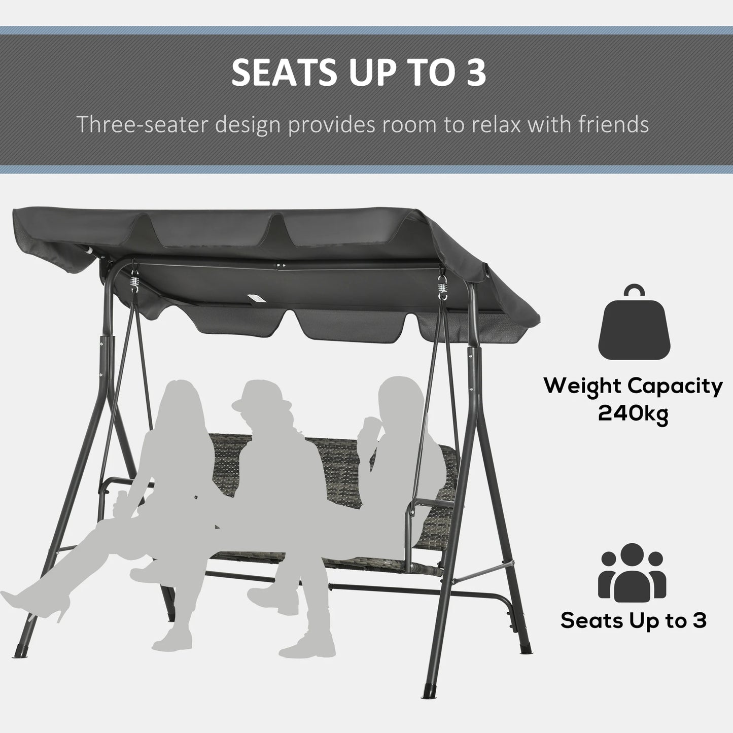 Outsunny 3-Seater Outdoor PE Rattan Swing Chair, Patio Wicker Hanging Swing Bench with Steel Frame Stand & Adjustable Canopy