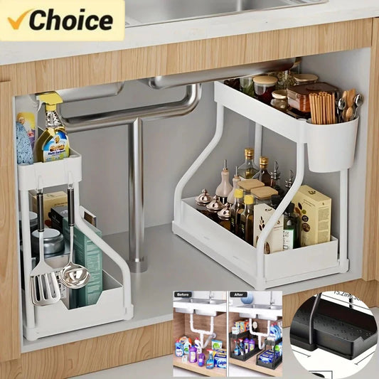 Space Saving 2 Tier Under Sink Organizer,Pull Out Storage Box Durable Large Capacity Kitchen Bathroom Essential Drawer Organizer
