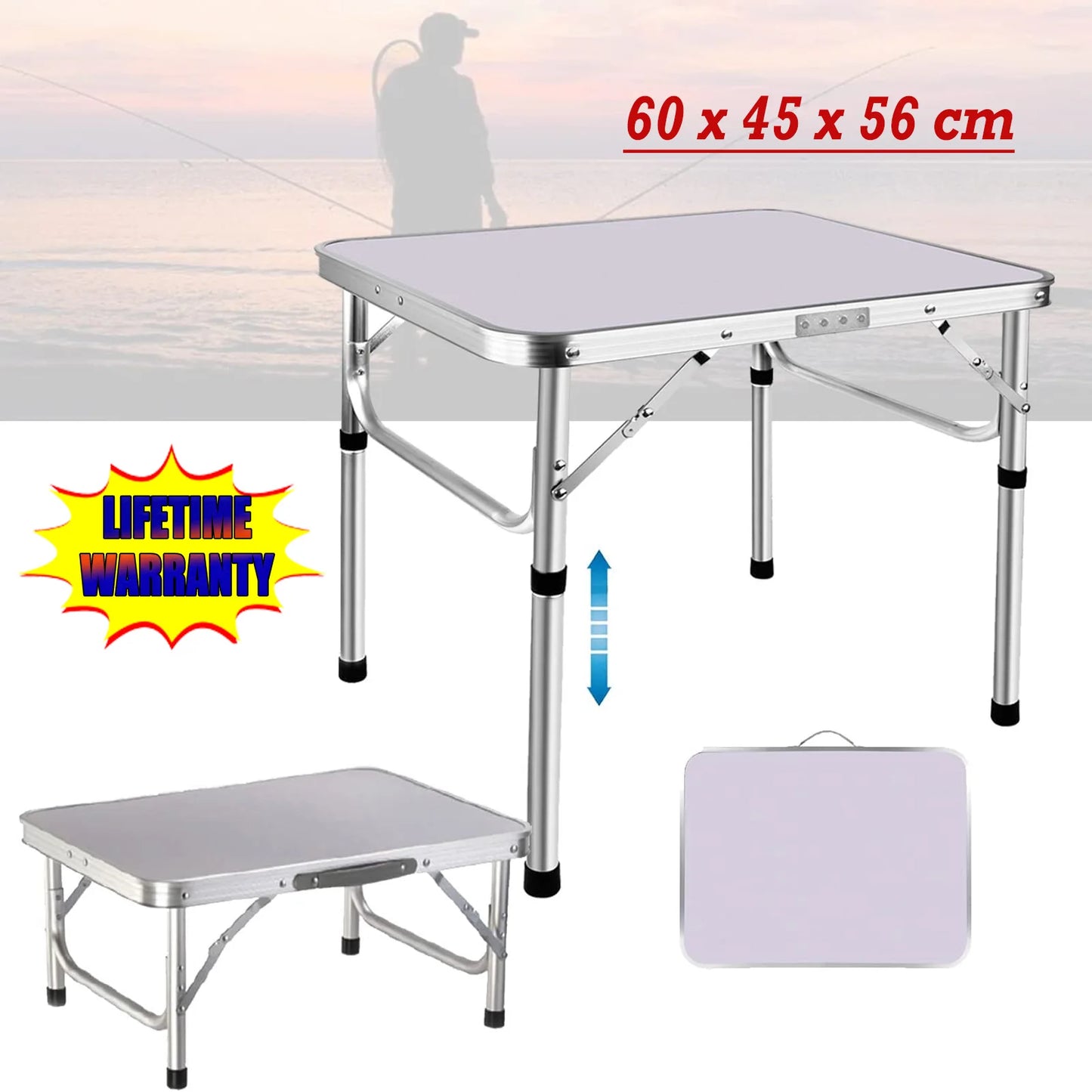 Folding Table 2FT, Portable Adjustable Height Camping Table, For Indoor Outdoor Garden Picnic Dinning BBQ, 60x 45x26/56cm, White
