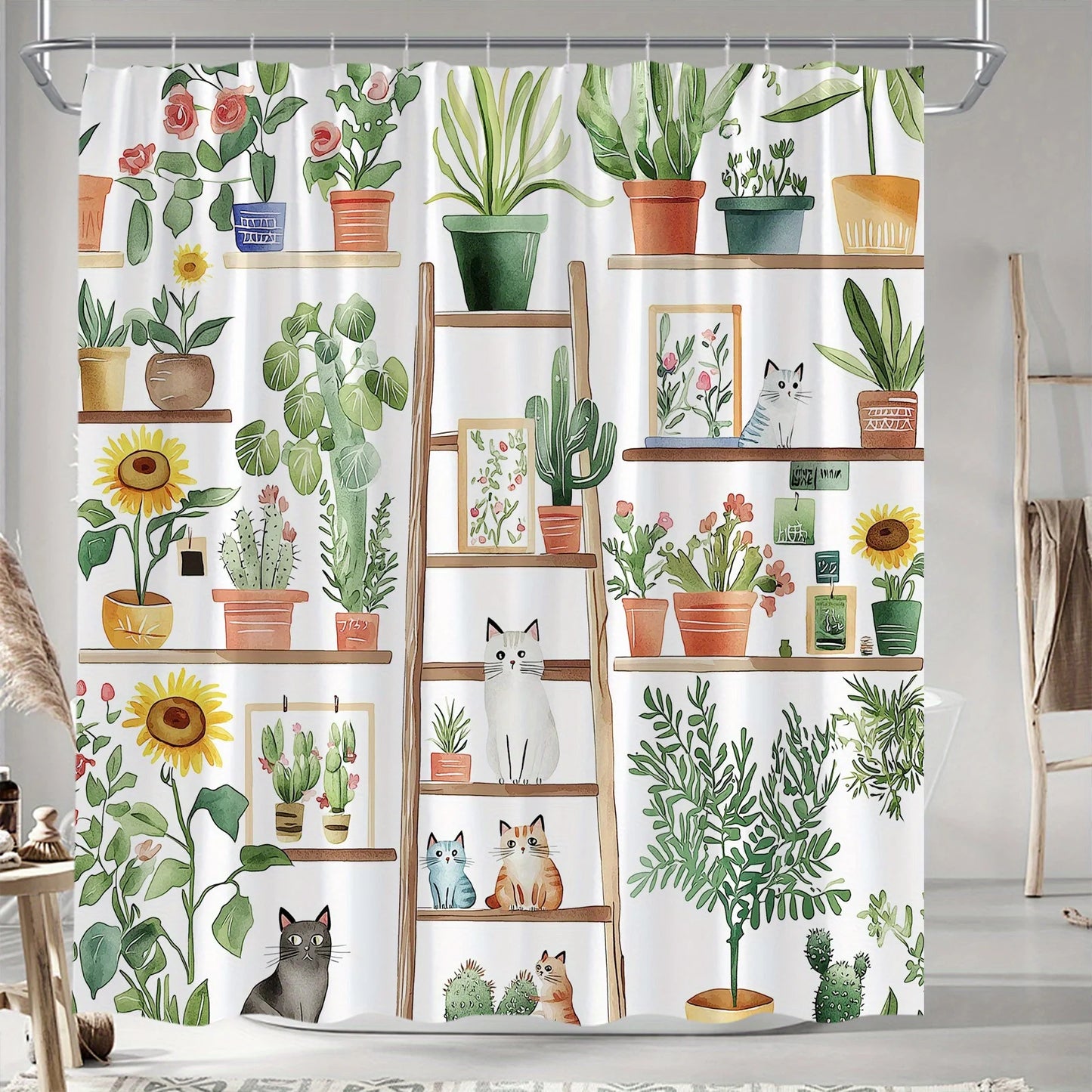 Shelf Potted Cat Shower Curtain, Green Plants & Flower Stands, Pastoral Design, Polyester, 12 Hooks