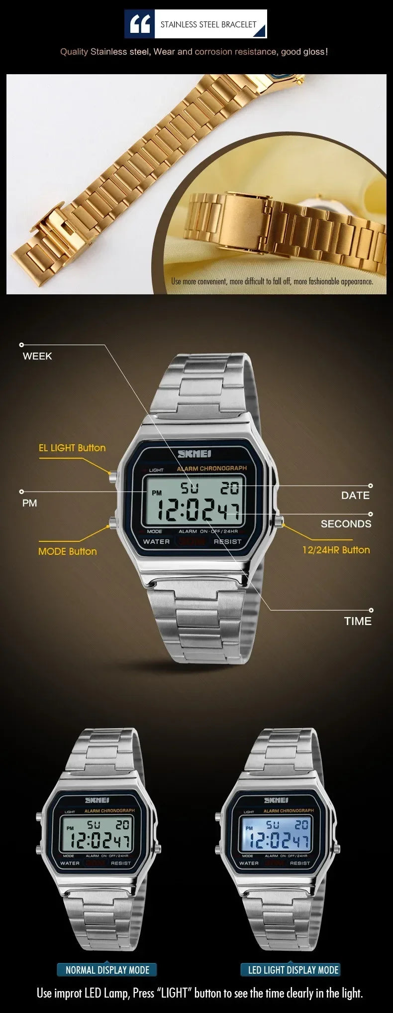 SKMEI Digital Sports Watch for Men Luxury Stainless Steel Electron Waterproof Mens Wristwatches Clock 1328 Reloj Hombre 1123
