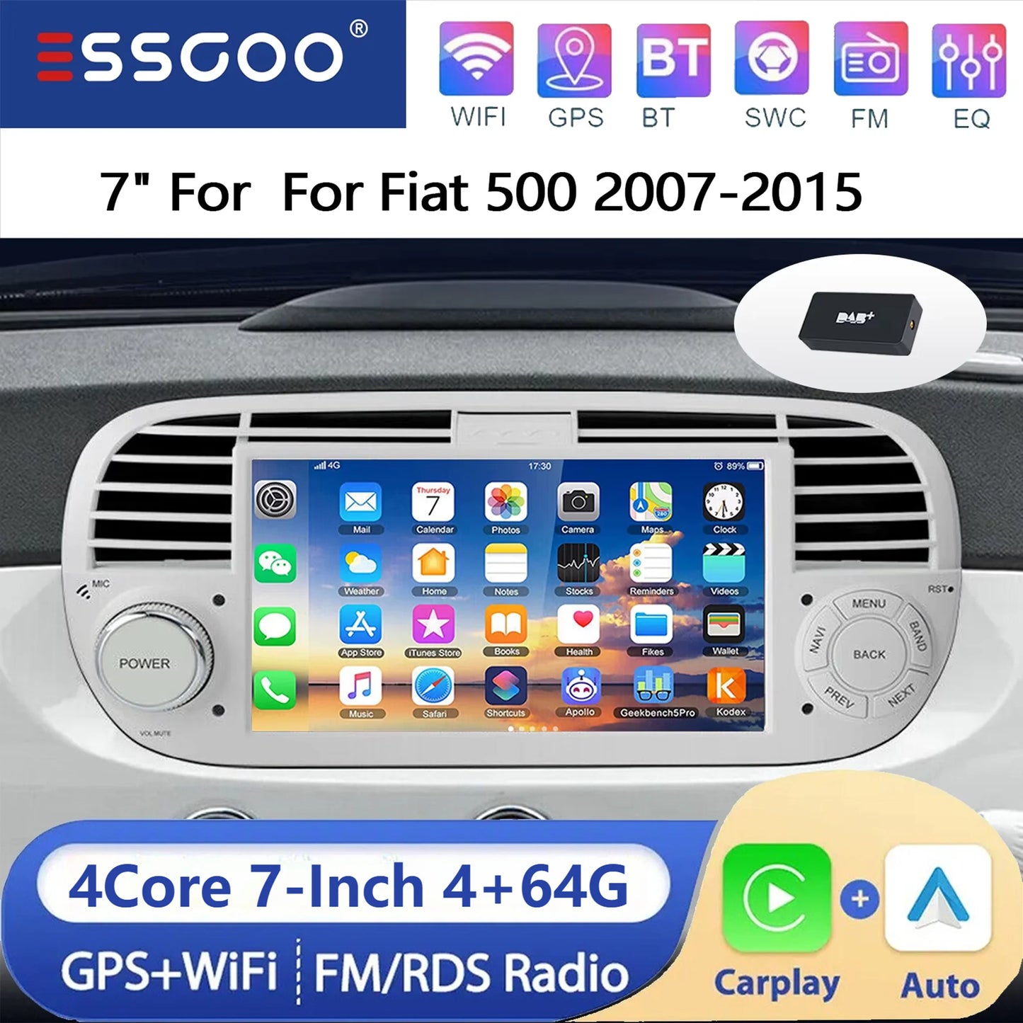 ESSGOO 7" 4+64G Android 15 For Fiat 500 2007-2015 Car Stereo Radio Wireless Carplay Android Auto GPS Navigation Bluetooth FM SWC Wifi RDS ASP IPS Touchscreen Mirror Link Multimedia Video Player