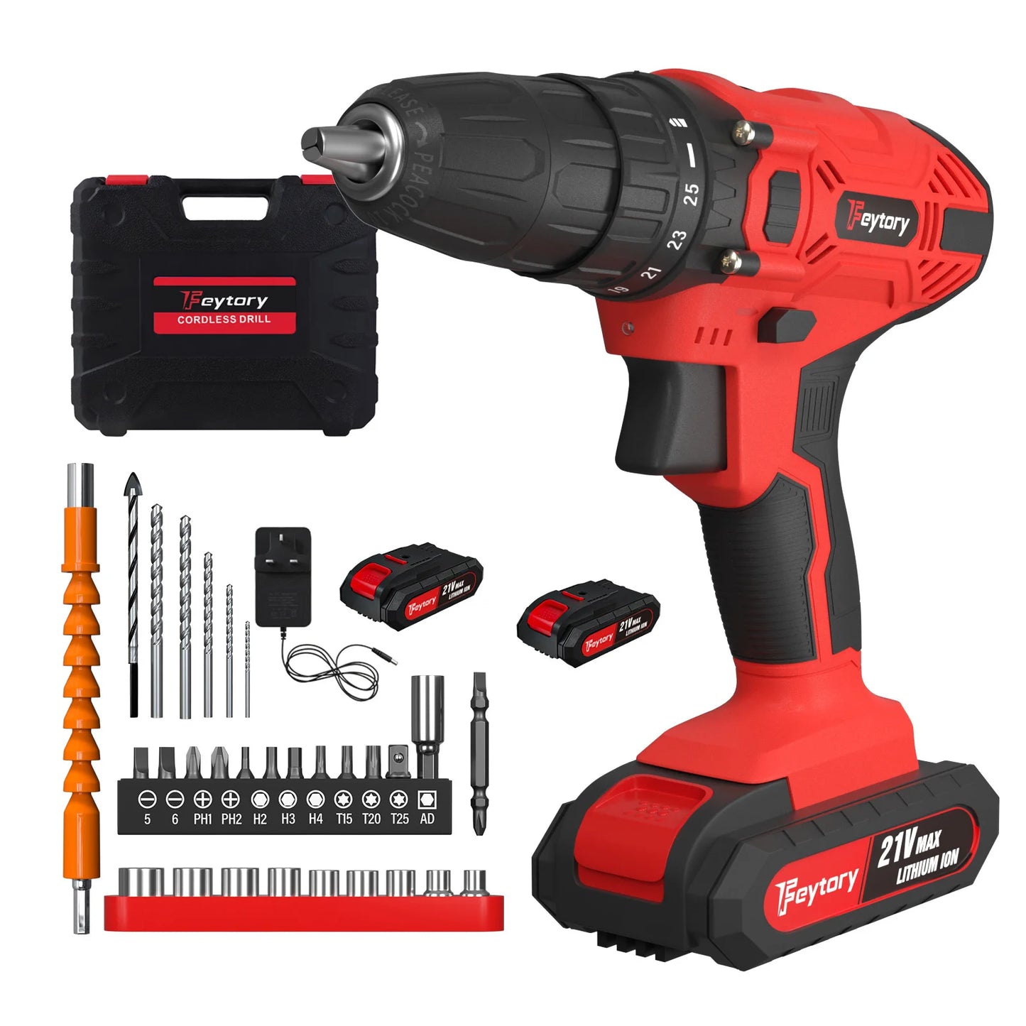 Feytory 21V Cordless Power Drill with 1500mAh Battery Electric Drill Driver 25+1 Torque 45Nm Screwdriver Kit Combi Drill 3/8"