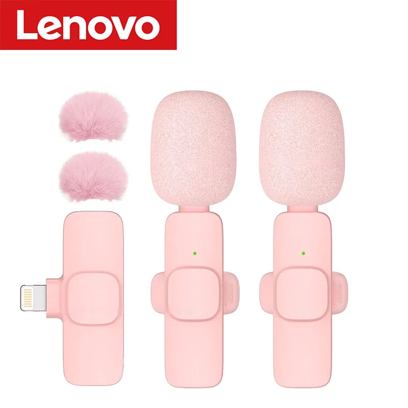 Lenovo Pink Wireless Lavalier Microphone for iPhone Android PC Live Gaming Phone Portable Audio Video Recording Vlog Microphone