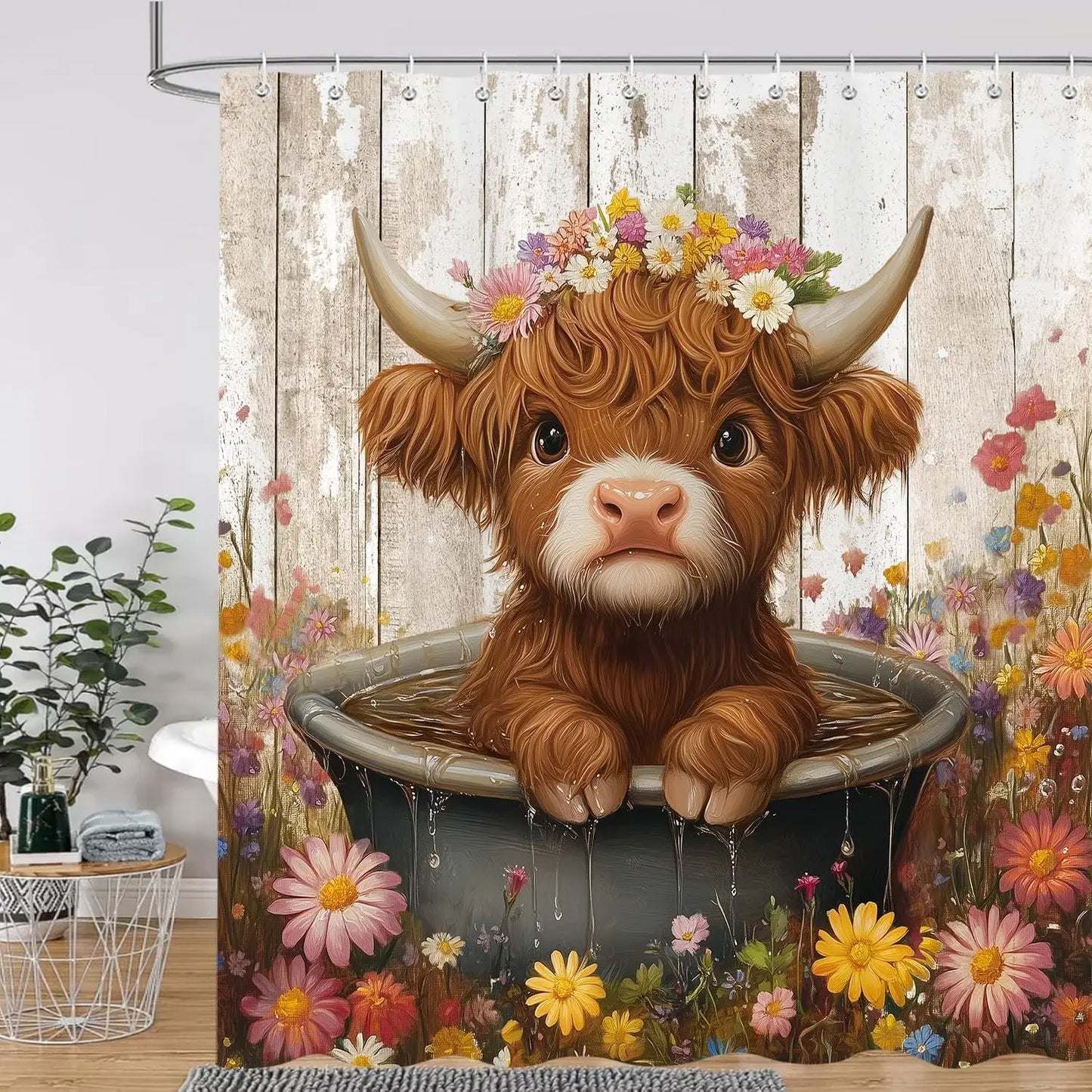 Cute Highland Cow Shower Curtain for Bathroom, Farmhouse Rustic Cow Animal Bathing in Bathtub Shower Curtains Decor Set