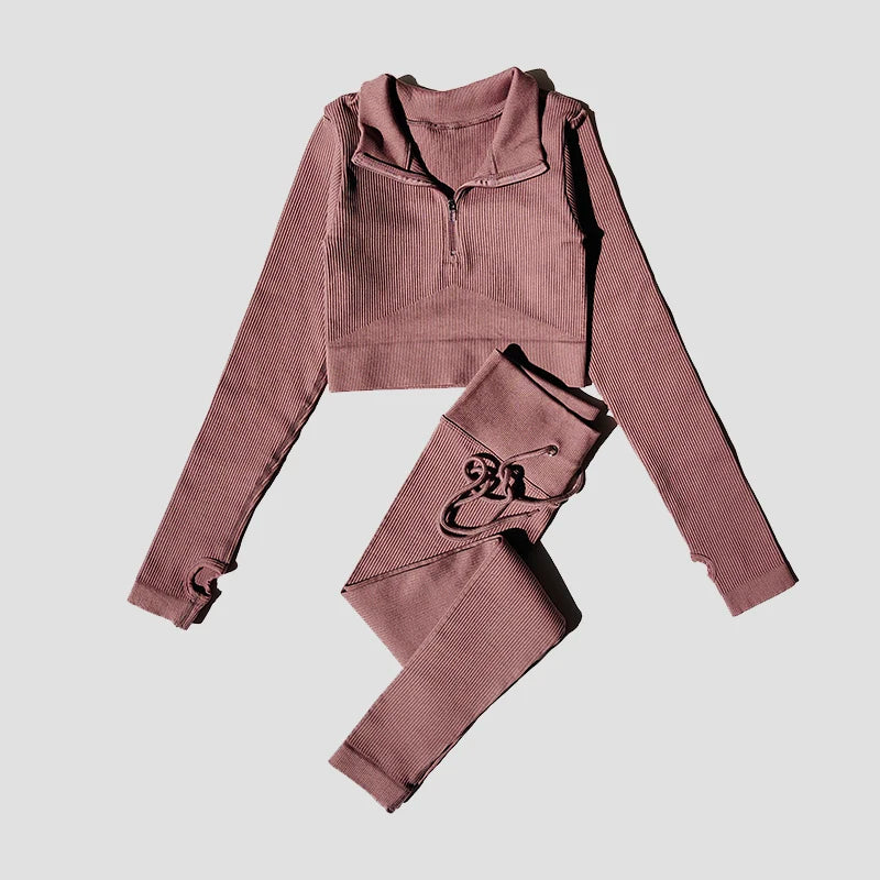 Seamless Women Yoga Set Workout Sportswear Gym Clothing Zipper Long Sleeve High Waist Leggings Fitness Bra Athletic Sports Suits