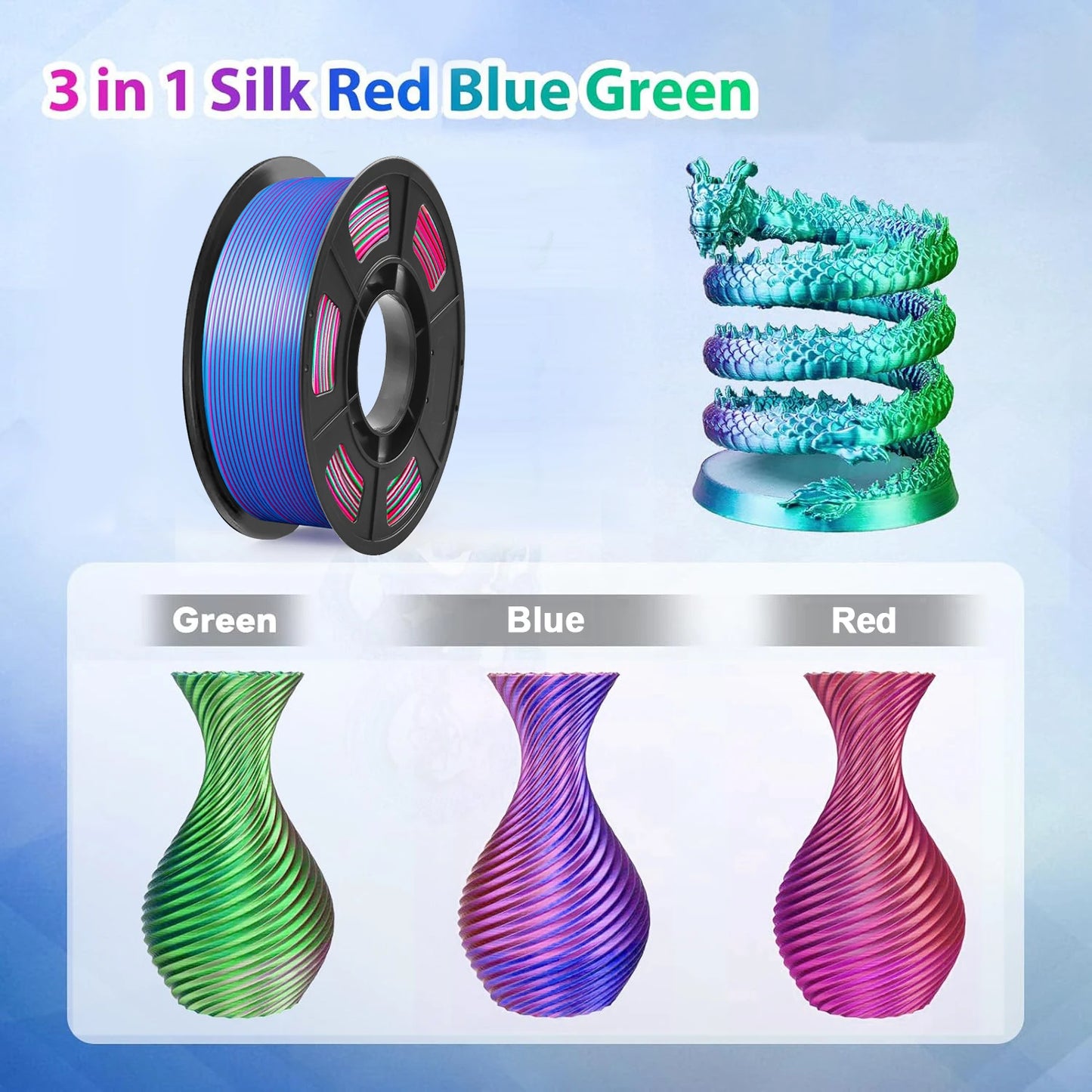 Tricolor Silk PLA 3D Printer Filament, 1.75mm Multicolor 3D Printing Filament, Red&Blue&Green Filament, 250g (0.55lbs)