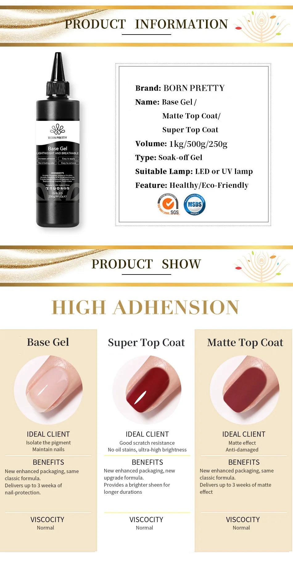 BORN PRETTY 250g Super Strong Nail Glue For False Nail Tips Press On Nails Refilled Package Base Gel Top Coat Matte Top Coat